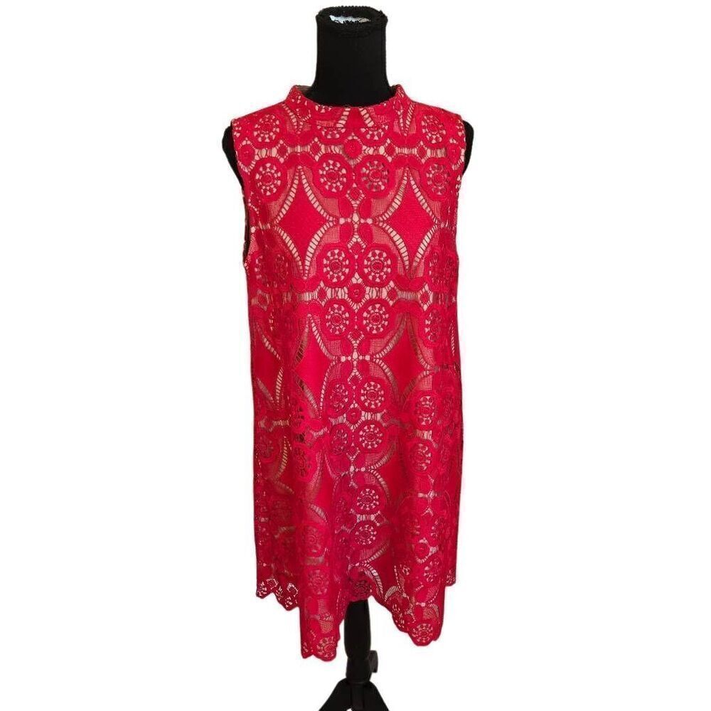 Umgee Women's Lace Mock Neck Sleeveless Lined Mini Shift Dress Red Size Large